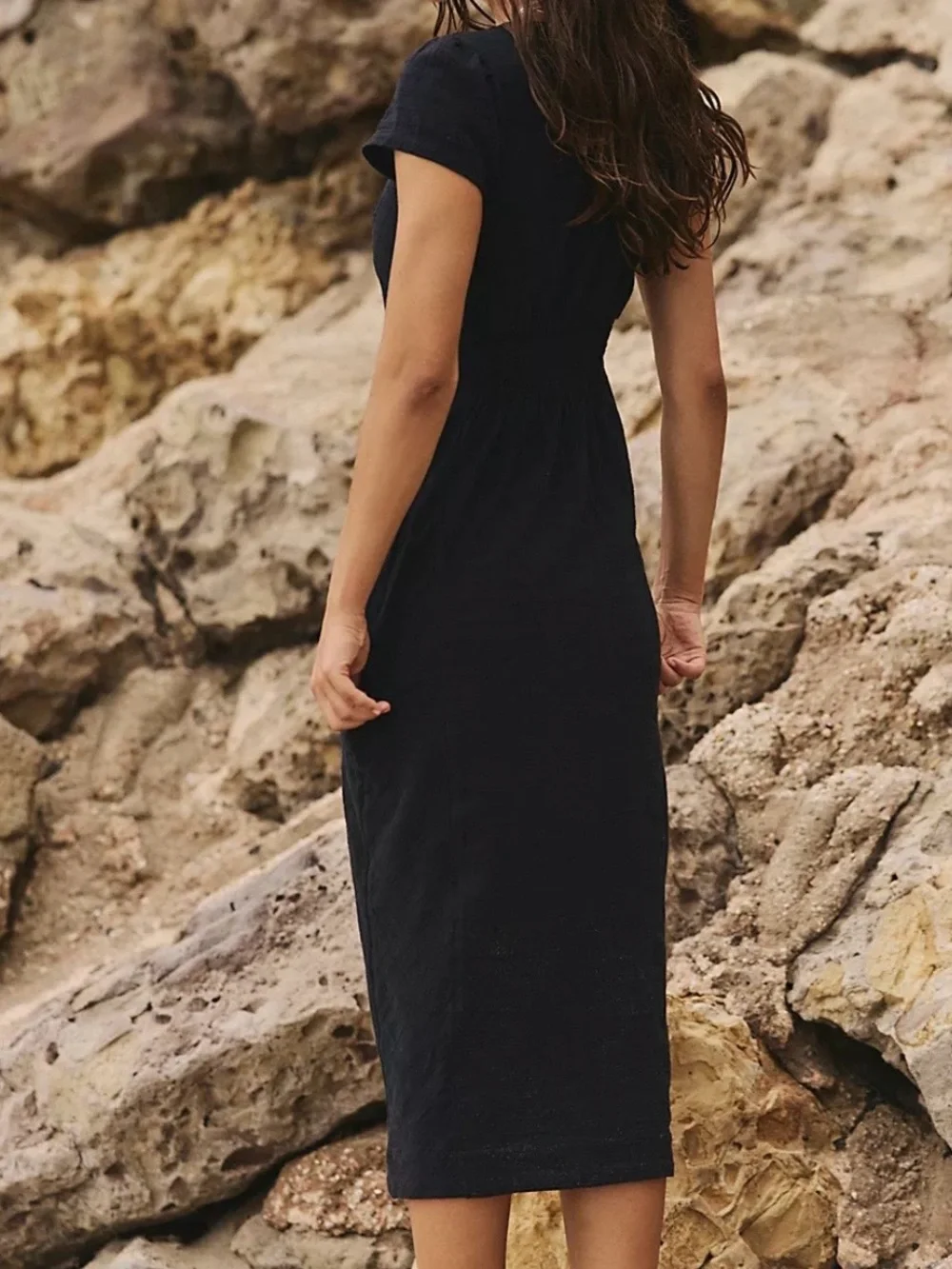 Free People New In Town Midi Black Button-Front Dress